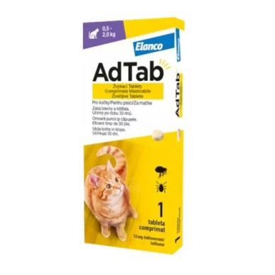 AdTab Cat 12 mg – Deparazitare externa pentru Pisici 0,5–2 kg, 1 Tabletă, Elanco