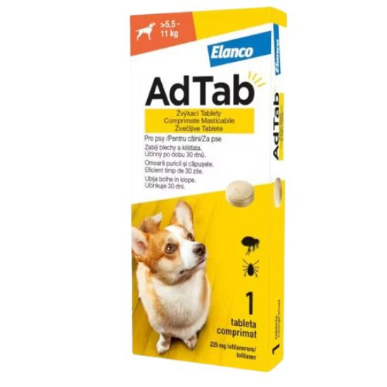 AdTab Dog 225 mg – Deparazitare externa pentru Câini 5,5–11 kg, 1 Tabletă, Elanco