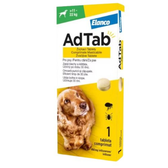 AdTab Dog 450 mg – Deparazitare externa pentru Câini 11–22 kg, 1 Tabletă, Elanco