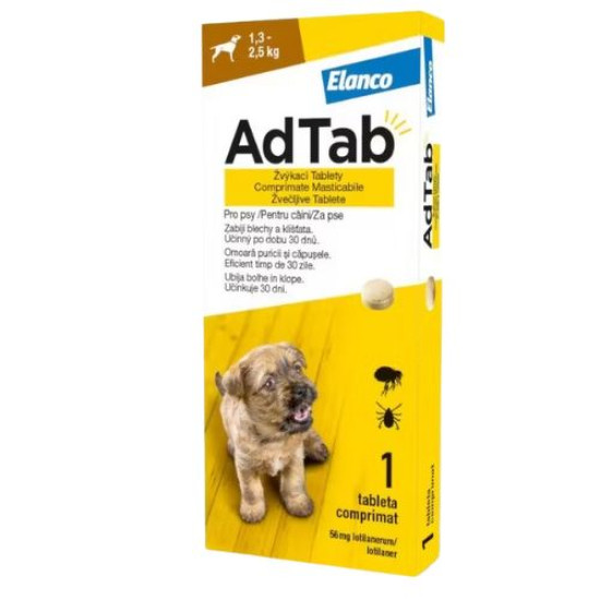 AdTab Dog 56.25 mg – Deparazitare externa pentru Câini 1,3–2,5 kg, 1 Tabletă, Elanco