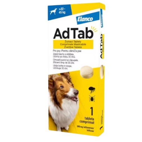 AdTab Dog 900 mg – Deparazitare externa pentru Câini 22–45 kg, 1 Tabletă, Elanco