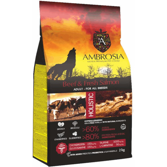 Ambrosia Adult Dog vita si somon proaspat, hrana uscata caini, 2 kg