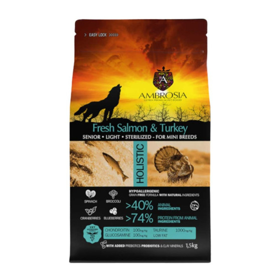 Ambrosia Dog Senior Light curcan si somon, hrana caini, 2 kg