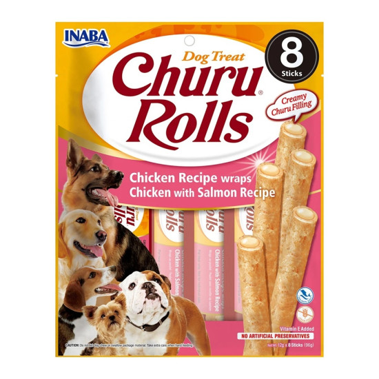 Inaba Churu Rolls Chicken Salmon recompense moi cremoase pentru caini 8 x 12 g