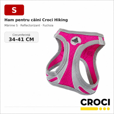 Ham pentru câini Croci Hiking, mărime S (34–41 cm), reflectorizant, fuchsia – confort și siguranță pentru talie mică