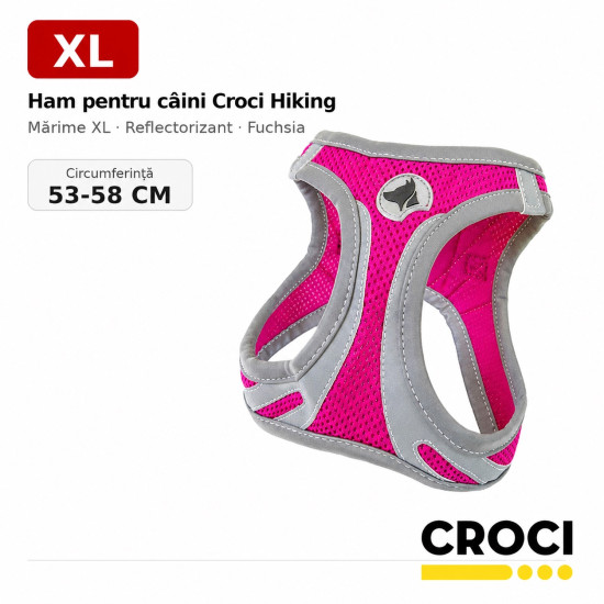 Ham pentru câini Croci Hiking, mărime XL (53–58 cm), reflectorizant, fuchsia – rezistență și control pentru talie foarte mare