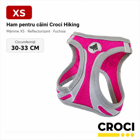 Ham pentru câini Croci Hiking, mărime XS (30–33 cm), reflectorizant, fuchsia – confort și siguranță pentru talie foarte mică