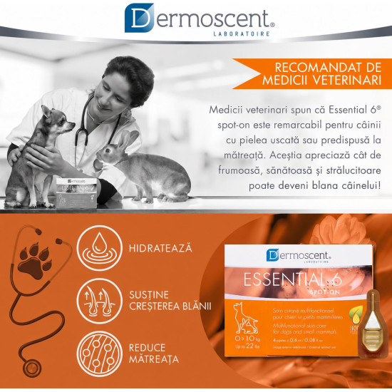 Dermoscent Essential 6 Spot-On – Îngrijire Dermatologică pentru Câini 0–10 kg – 4 Pipete