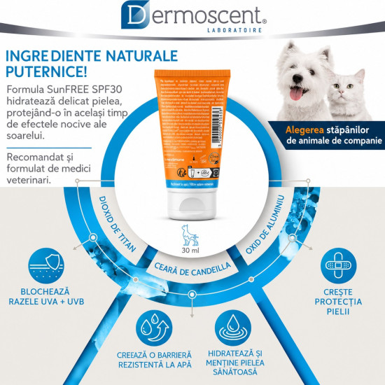 Dermoscent SunFREE SPF 30 – Cremă de Protecție Solară pentru Câini și Pisici – 30 ml