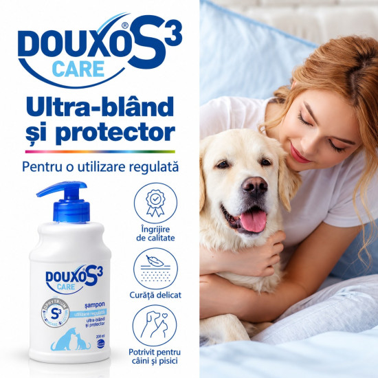 DOUXO S3 Care Shampoo – șampon dermatologic pentru câini și pisici, pentru curățare delicată și îngrijirea pielii sensibile