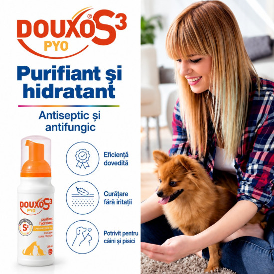 Douxo S3 Pyo Mousse – Spumă Antimicrobiană fără Clătire pentru Câini și Pisici – 150 ml