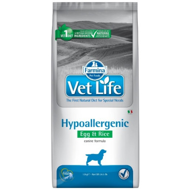 Farmina Vet Life Canine Hypoallergenic Egg & Rice – hrană uscată dietetică pentru câini cu alergii/intoleranțe alimentare, 12 kg