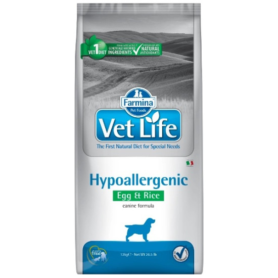 Farmina Vet Life Canine Hypoallergenic Egg & Rice – hrană uscată dietetică pentru câini cu alergii/intoleranțe alimentare, 12 kg