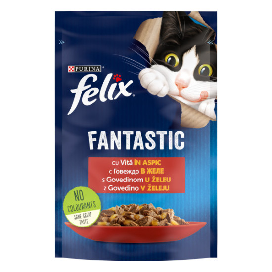 Felix Fantastic – Hrană Umedă pentru Pisici cu Vită în Aspic, 85 g