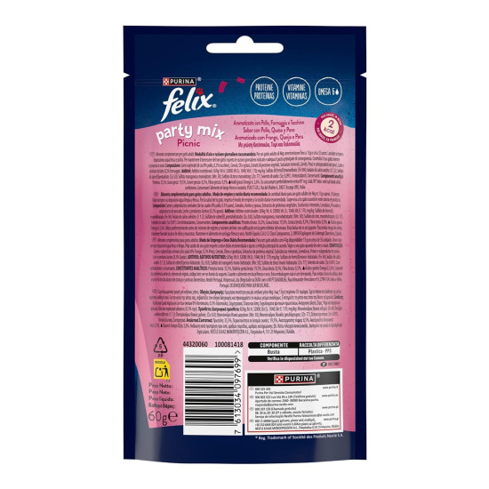 Felix Party Mix Picnic Mix cu Pui, Brânză și Curcan – Recompense pentru Pisici, 60 g