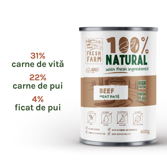 Fresh Farm Smooth Pate cu Vită – hrană umedă completă pentru câini adulți, pate fin, conservă 400 g
