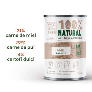 Fresh Farm Smooth Pate cu Miel – hrană umedă completă pentru câini adulți, pate fin, conservă 400 g