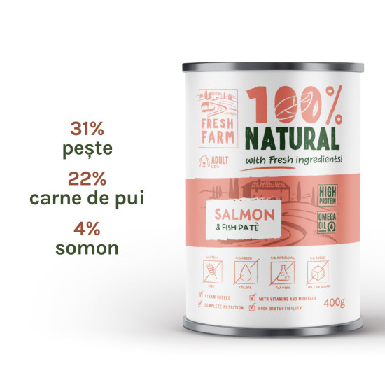 Fresh Farm Smooth Pate cu Somon și Pește – hrană umedă completă pentru câini adulți, pate fin, conservă 400 g