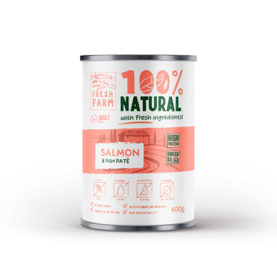 Fresh Farm Smooth Pate cu Somon și Pește – hrană umedă completă pentru câini adulți, pate fin, conservă 400 g