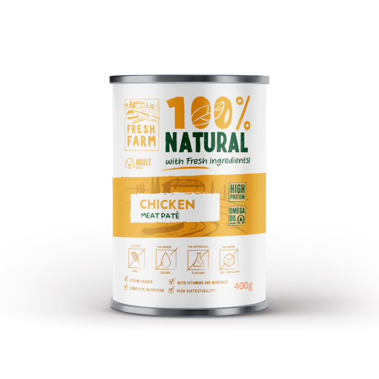 Fresh Farm Smooth Pate cu Pui – hrană umedă completă pentru câini adulți, pate fin, conservă 400 g