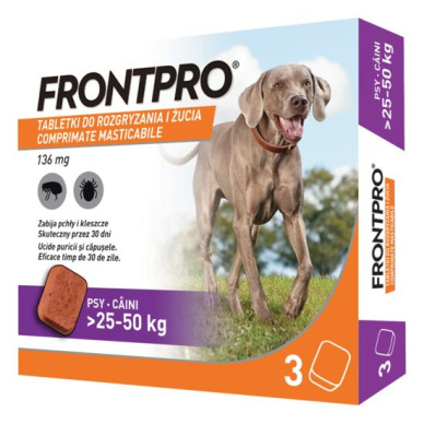 FRONTPRO XL 136 mg – comprimat masticabil antiparazitar oral pentru câini 25–50 kg, 3 tablete