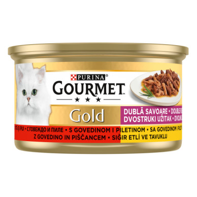 Gourmet Gold Duo – hrană umedă completă pentru pisici adulte, cu vită și pui, conservă 85 g