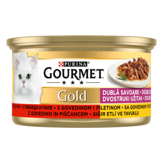 Gourmet Gold Duo – hrană umedă completă pentru pisici adulte, cu vită și pui, conservă 85 g