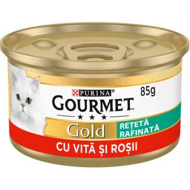 Gourmet Gold Rețete Rafinate – hrană umedă completă pentru pisici adulte, cu vită și roșii, conservă 85 g