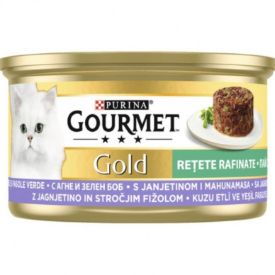 Gourmet Gold Savoury Cake – hrană umedă completă pentru pisici adulte, cu miel și fasole verde, conservă 85 g