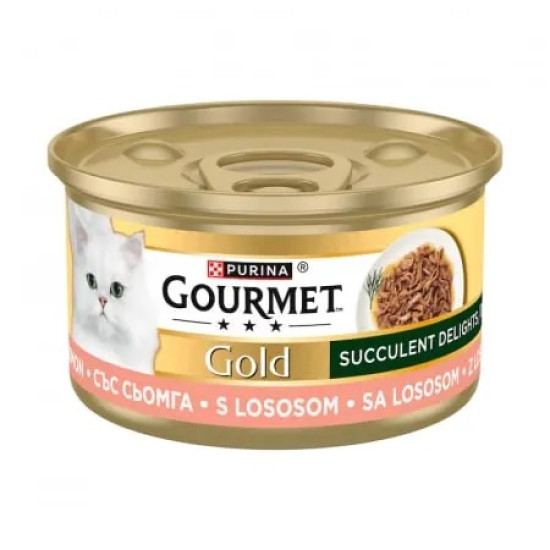 Gourmet Gold Succulent Delights – hrană umedă completă pentru pisici adulte, cu somon, conservă 85 g