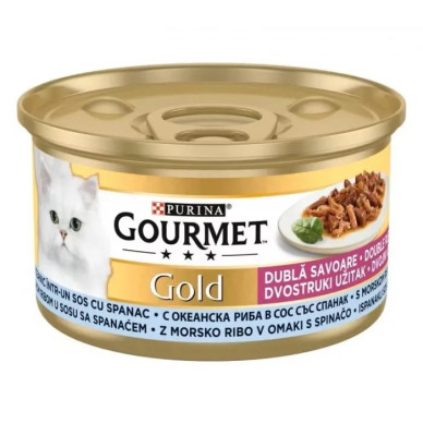 Gourmet Gold – hrană umedă completă pentru pisici adulte, cu pește oceanic și spanac, conservă 85 g