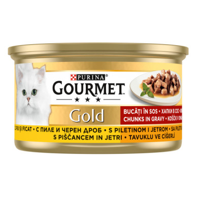 Gourmet Gold – hrană umedă completă pentru pisici adulte, cu pui și ficat, mini fileuri în sos, 85 g