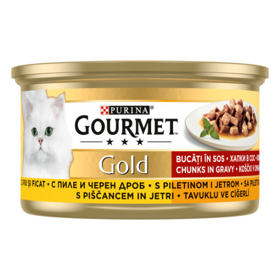 Gourmet Gold – hrană umedă completă pentru pisici adulte, cu pui și ficat, mini fileuri în sos, 85 g