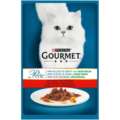 Gourmet Perle – hrană umedă completă pentru pisici adulte, cu vită, morcovi și legume în sos, plic 85 g
