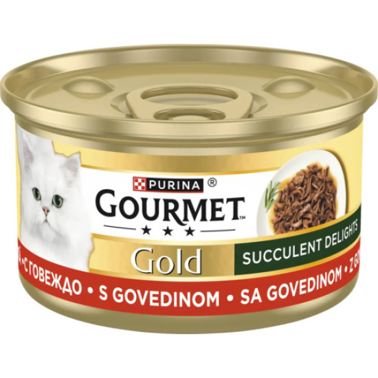 GOURMET™ GOLD Succulent Delights – hrană umedă completă pentru pisici adulte, Delicii suculente cu vită, 85 g
