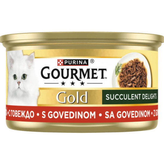 GOURMET™ GOLD Succulent Delights – hrană umedă completă pentru pisici adulte, Delicii suculente cu vită, 85 g
