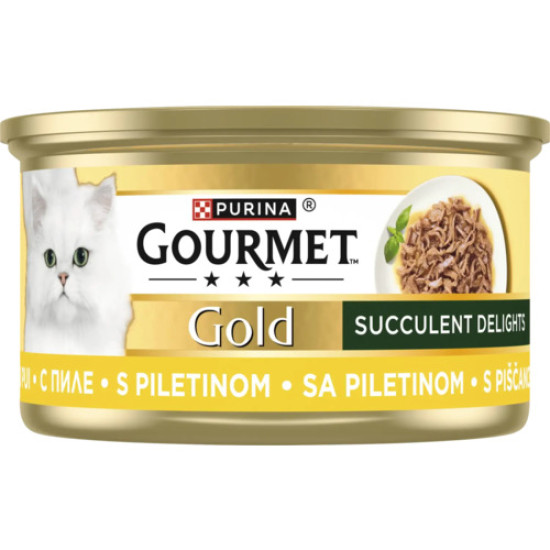 GOURMET™ GOLD Succulent Delights – hrană umedă completă pentru pisici adulte, Delicii suculente cu pui, 85 g