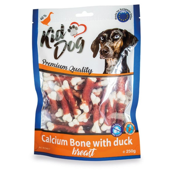 KidDog – recompense pentru câini, oase de calciu cu piept de rață, 250 g
