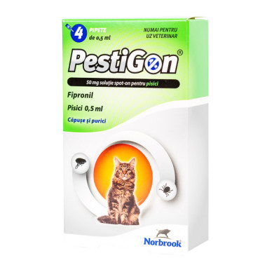Pestigon Cat – Soluție Spot-On Antiparazitară pentru Pisici, 4 Pipete (Fipronil, Norbrook)