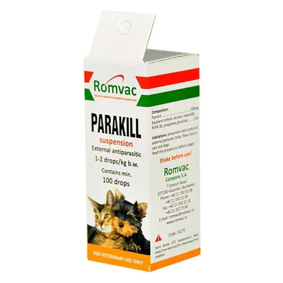 Parakill Romvac – Soluție Antiparazitară Externă pentru Câini și Pisici, cu Fipronil, 5 ml