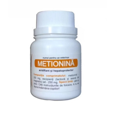Romvac Metionina – Acidifiant Urinar și Hepatoprotector pentru Câini și Pisici – 100 Comprimate