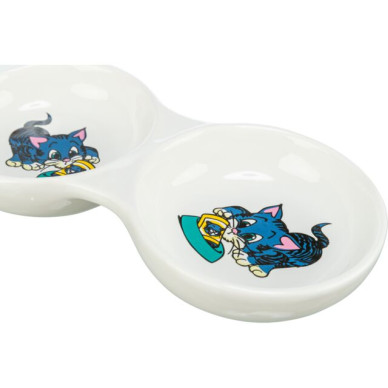 Castron Ceramic Dublu pentru Pisici, 2 x 0.15 l / 11 cm / 23 x 3 x 11 cm, Alb