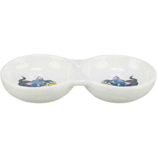 Castron Ceramic Dublu pentru Pisici, 2 x 0.15 l / 11 cm / 23 x 3 x 11 cm, Alb