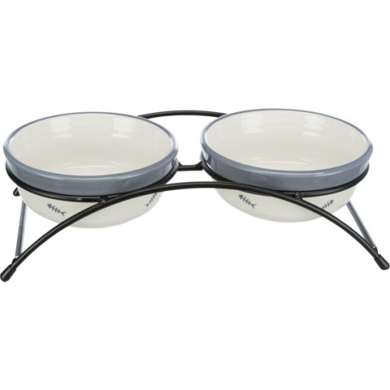 Set 2 Castroane Ceramice cu Suport Metalic Trixie, 2x0.3 l / 12 cm / 26x7x14 cm, Alb/Albastru-Gri, 24790