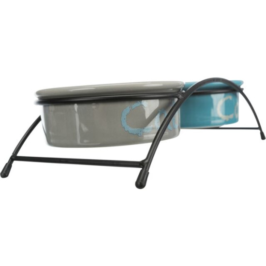 Set 2 Castroane Ceramice cu Suport Metalic Trixie, 2x0.3 l / 12 cm / 26x7x13 cm, Gri/Roz/Albastru, 24791