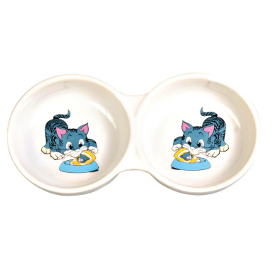 Castron Ceramic Dublu pentru Pisici, 2 x 0.15 l / 11 cm / 23 x 3 x 11 cm, Alb
