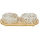 Trixie – set 2 castroane ceramice cu suport din bambus pentru câini și pisici, 2 × 0,3 L / Ø 12 cm, 30 × 6 × 15 cm, alb/maro deschis
