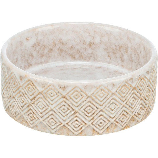 Trixie – set 2 castroane ceramice cu suport din bambus pentru câini și pisici, 2 × 0,3 L / Ø 12 cm, 30 × 6 × 15 cm, alb/maro deschis