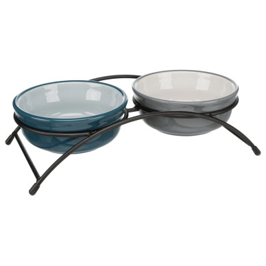 Trixie – set 2 castroane ceramice cu suport metalic pentru câini și pisici, 2 × 0,25 L / Ø 13 cm, 27 × 8 × 13 cm, petrol/gri