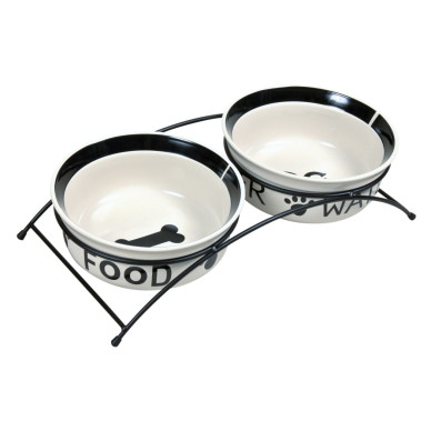 Trixie Set 2 Castroane Ceramice Cu Suport Metalic, 2x1,6 l/ø 20 cm/41x10x20 cm, Alb/Negru,